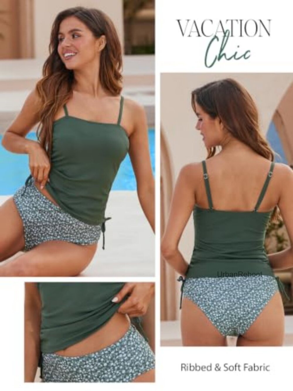 Ribbed Ruched Drawstring Tankini Set High Waisted Removable Cups - Picture 4 of 6